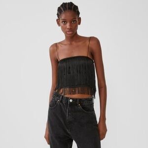 Zara Black Thin Strap Fringe Crop Top Size S